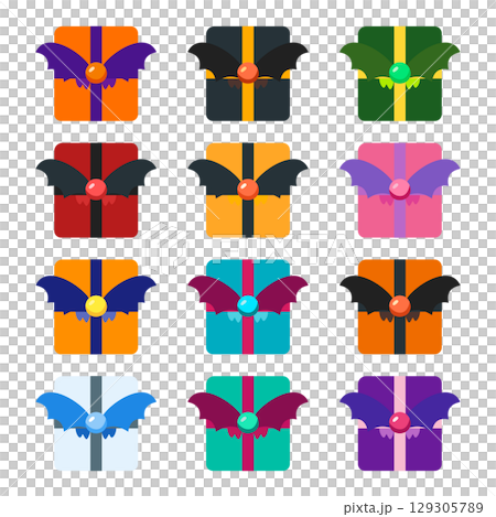 12種類のハロウィンギフトボックスアイコン - かわいいかぼちゃリボン付きプレゼントセット 12種類のハロウィンギフトボックスアイコン - かわいいかぼちゃリボン付きプレゼントセット 129305789