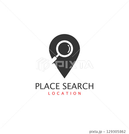 Place search logo - address pointer and loupe or magnifier symbol. Travel agency and location map vector icon Place search logo - address pointer and loupe or magnifier symbol. Travel agency and location map vector icon 129305862