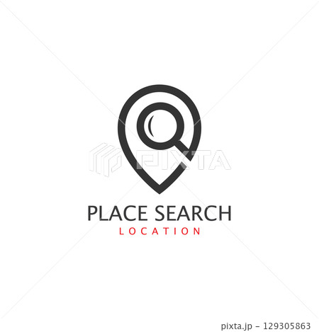Place search logo - address pointer and loupe or magnifier symbol. Travel agency and location map vector icon 129305863