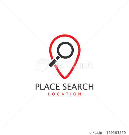Place search logo - address pointer and loupe or magnifier symbol. Travel agency and location map vector icon Place search logo - address pointer and loupe or magnifier symbol. Travel agency and location map vector icon 129305870
