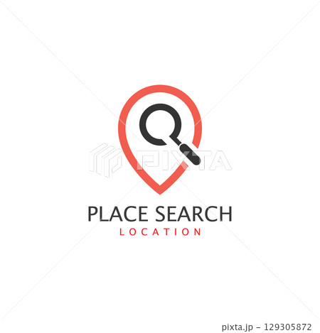 Place search logo - address pointer and loupe or magnifier symbol. Travel agency and location map vector icon Place search logo - address pointer and loupe or magnifier symbol. Travel agency and location map vector icon 129305872