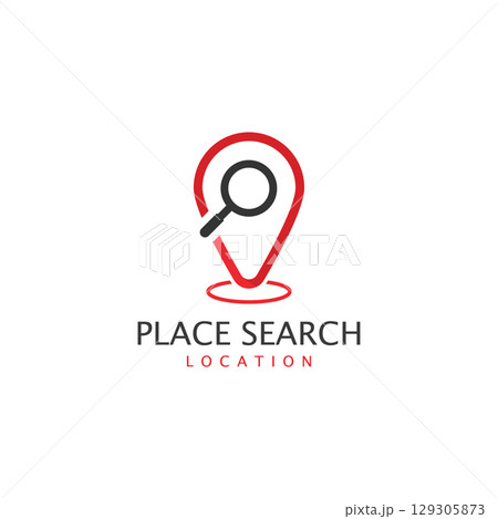 Place search logo - address pointer and loupe or magnifier symbol. Travel agency and location map vector icon Place search logo - address pointer and loupe or magnifier symbol. Travel agency and location map vector icon 129305873