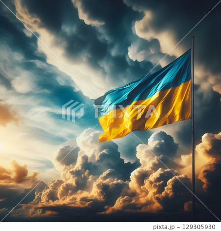 Ukrainian Flag Waving with Dramatic Sky. гse in patriotic, cultural, postcards or backgrounds. Ukrainian Flag Waving with Dramatic Sky. гse in patriotic, cultural, postcards or backgrounds. 129305930