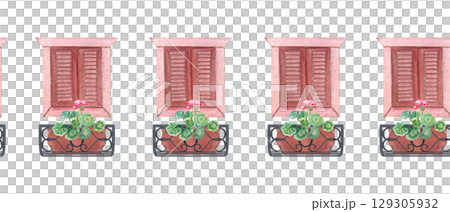 Rustic windows with closed wooden shutters, potted pink geraniums on ornate wrought iron balconies. Hand painted seamless watercolor border. Perfect for Mediterranean-themed textiles, cards, packaging 129305932