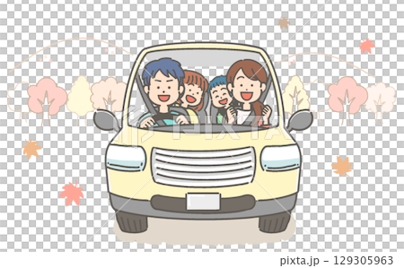 紅葉のドライブを楽しむ笑顔の家族／ファミリーのベクターイラスト 129305963