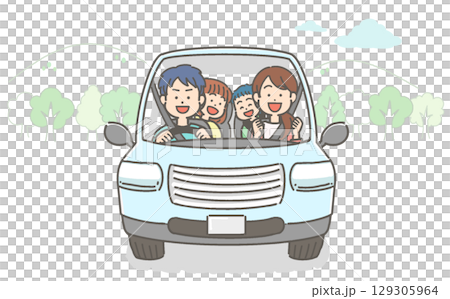 ドライブを楽しむ笑顔の家族／ファミリーのベクターイラスト 129305964