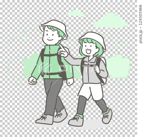 一對年輕夫婦徒步旅行的插圖 129305966