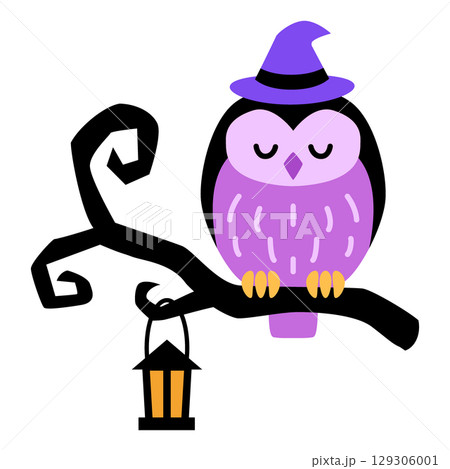 ハロウィンイラスト素材　魔女の帽子をかぶって木の枝にとまってるふくろう 129306001