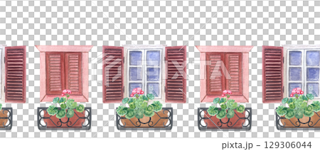 Rustic windows with open and closed wooden shutters, potted geraniums on wrought iron balconies. Seamless watercolor border isolated on white. Perfect for Mediterranean-themed textiles, cards 129306044