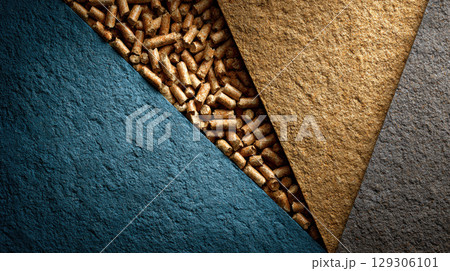 Wood pellets arranged between textured surfaces in blue, gold, and gray create striking geometric pattern 129306101