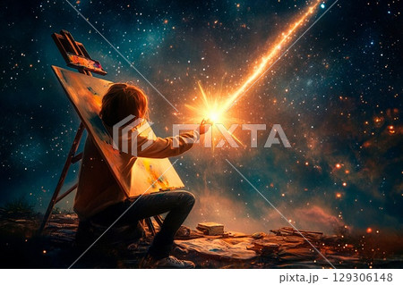 Young artist captivates the cosmos while painting a vibrant scene of a shooting star on an easel 129306148