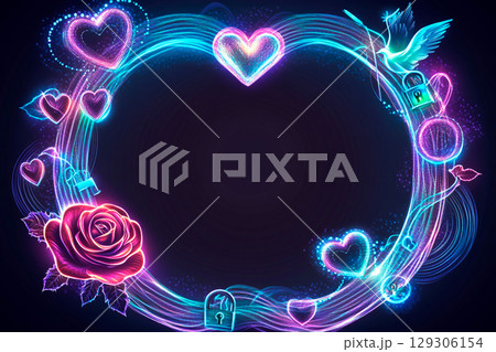 Aurora borealis forms a heart frame with waves on Valentine's Day in a romantic atmosphere 129306154