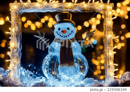 Beautiful glass and ice snowman illuminated by soft lights in a winter wonderland setting Beautiful glass and ice snowman illuminated by soft lights in a winter wonderland setting 129306194