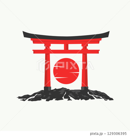 stylized representation of a Japanese Torii gate with a red rising sun in the background. stylized representation of a Japanese Torii gate with a red rising sun in the background. 129306395