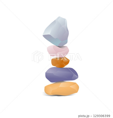 Stack of colorful balancing zen stones, a stack of five colorful, smooth, and irregularly shaped stones balanced vertically 129306399