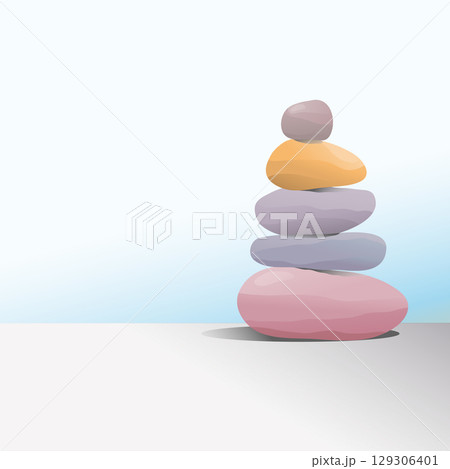 Stack of colorful balancing zen stones, a stack of five colorful, smooth, and irregularly shaped stones balanced vertically 129306401