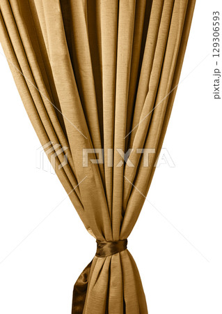 Golden satin silk curtain isolated over a white background. Material textile surface. Copy space Golden satin silk curtain isolated over a white background. Material textile surface. Copy space 129306593