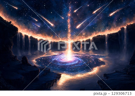 Cosmic landscape where shooting stars cascade...のイラスト素材 [129306713] - PIXTA