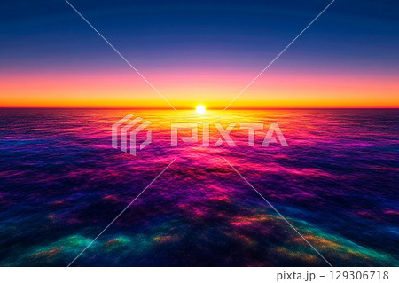 Sunset over a glowing sea creates a vibrant reflection of colors at the horizon 129306718
