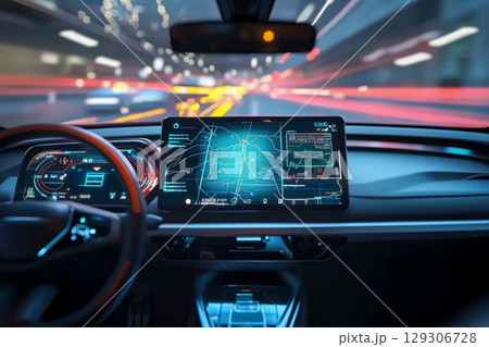 Futuristic car heads-up display showcasing speed and navigation in a vibrant urban setting 129306728