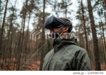 Man using virtual reality headset in a dense forest during a calm afternoon 129306730