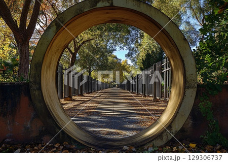 Round gate leading to a series of similar gates in a serene outdoor environment 129306737