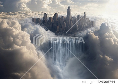 City of clouds with majestic waterfalls cascading into the abyss under a serene sky at twilight 129306744
