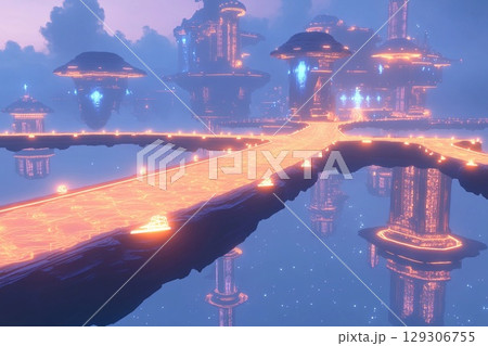 Floating city with geometric design illuminated at dusk above a tranquil landscape 129306755