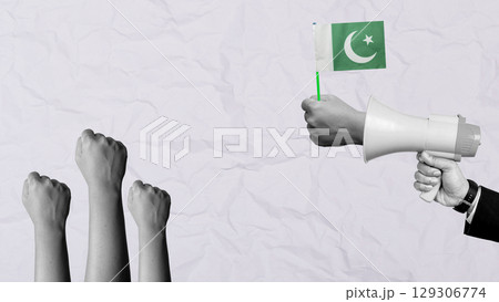 Human hand holding a megaphone and the Pakistan national flag. Concept of Pakistan Independence Day. Collage art Human hand holding a megaphone and the Pakistan national flag. Concept of Pakistan Independence Day. Collage art 129306774