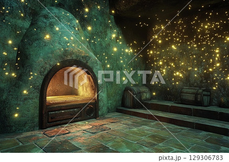 Underwater oven surrounded by magical fireflies illuminating the ancient walls in a mystical setting 129306783