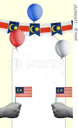 Human hand holding the Malaysian flag to celebrate Malaysia Independence Day. Collage art Human hand holding the Malaysian flag to celebrate Malaysia Independence Day. Collage art 129306797