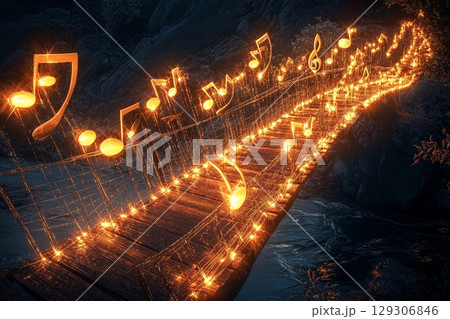 Musical bridge illuminated with shining notes creating a harmonious atmosphere at night 129306846
