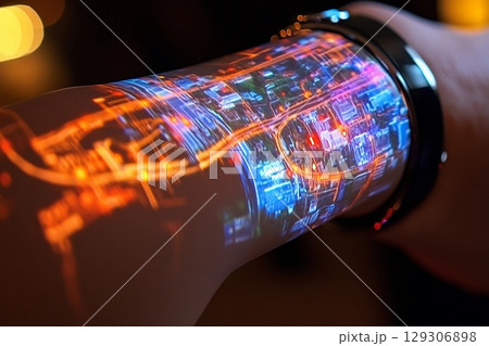 3D holographic map displayed from a wristband illuminates the hand with vibrant city pathways and landmarks during the evening 129306898