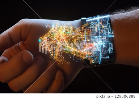 3D holographic map displayed from a wristband illuminates the hand with vibrant city pathways and landmarks during the evening 129306899