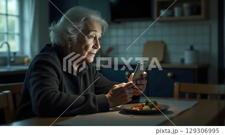 Elderly Woman Using Smartphone at Dinner. 129306995