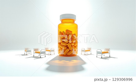 Medicine Bottle Surrounded by Miniature Hospital Beds. 129306996