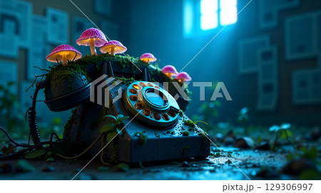 Retro Phone with Glowing Mushrooms and Moss in Abandoned Room. 129306997
