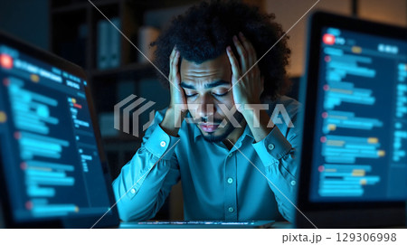 A Stressed African American Programmer at Night. 129306998