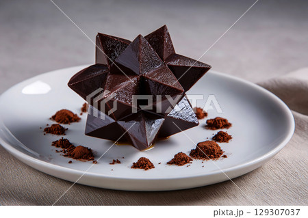 3d food printer creating geometric chocolate sculptures, futuristic dessert design 129307037