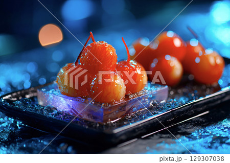 close up of molecular gastronomy dish with digital plating projection, artistic food tech fusion 129307038
