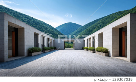 wide open courtyard with straight angles, minimalist modernist structure, calm and balanced scene 129307039