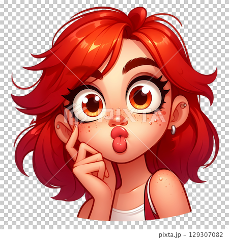 Playful Red-Haired Cartoon Girl Making a Funny Face, Isolated on White. perfect for stickers, kids' products, avatars, 129307082
