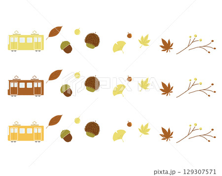 秋の紅葉と電車のラインイラストセット 秋の紅葉と電車のラインイラストセット 129307571