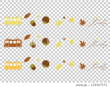 秋の紅葉と電車のラインイラストセット 秋の紅葉と電車のラインイラストセット 129307571