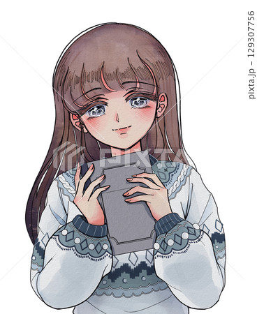 70sレトロ少女漫画風イラスト・ノートを持つ女の子 129307756