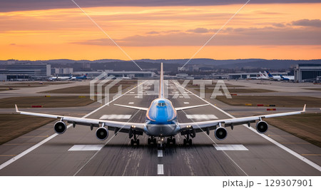 夕焼けの中着陸するジェット機 129307901