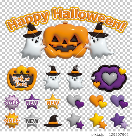 ハロウィンのぷっくりした3Dアイコン・あしらい・フレームセット　文字あり 129307902