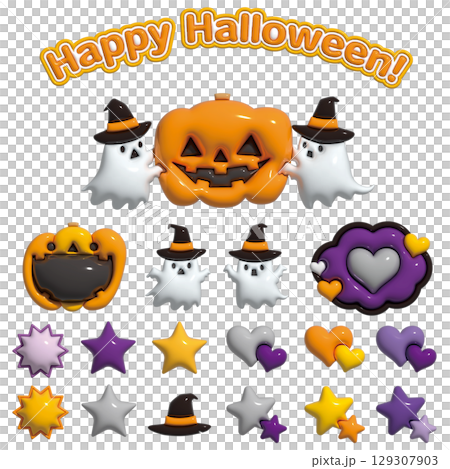 ハロウィンのぷっくりした3Dアイコン・あしらい・フレームセット　文字なし 129307903