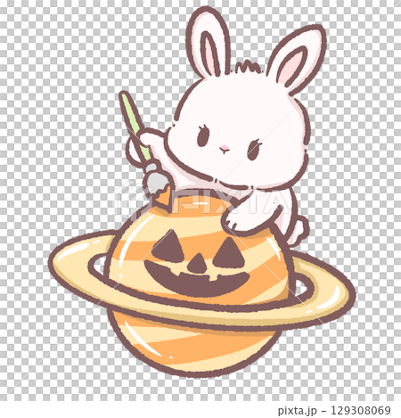 Cute white bunny painting jack o lantern face on orange Saturn planet kawaii space rabbit illustration Halloween cartoon galaxy theme sci fi fantasy adorable cosmic character digital art Cute white bunny painting jack o lantern face on orange Saturn planet kawaii space rabbit illustration Halloween cartoon galaxy theme sci fi fantasy adorable cosmic character digital art 129308069