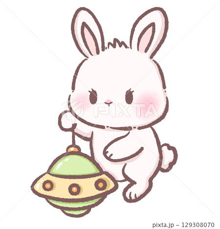Cute white bunny holding green UFO spaceship kawaii space rabbit illustration pastel cartoon alien fantasy adorable extraterrestrial sci fi theme cosmic galaxy adventure digital art character 129308070